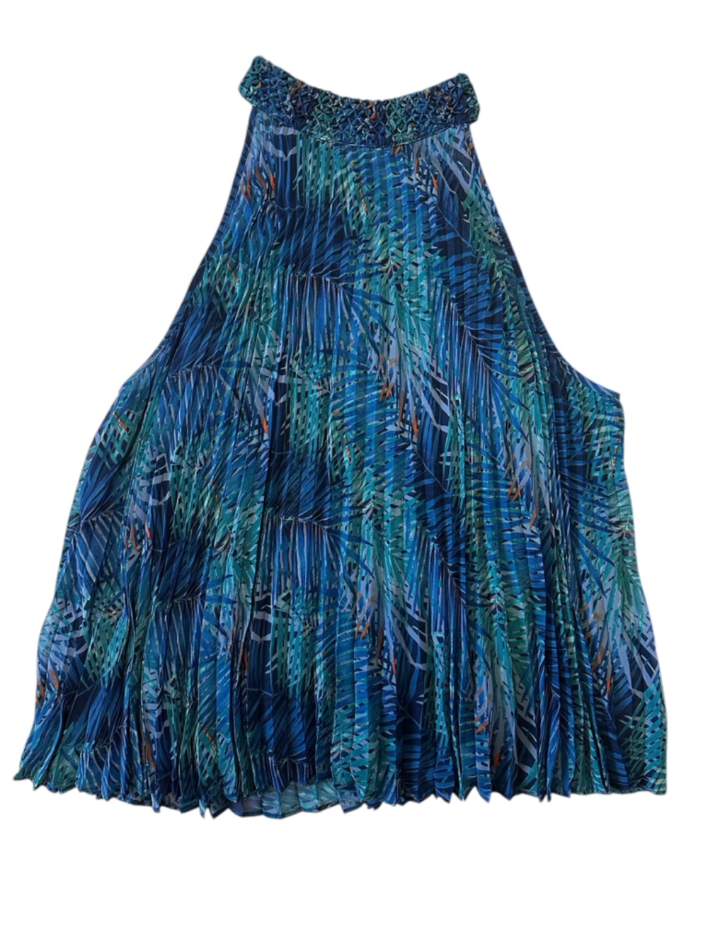 Jennifer Lopez Blue Tropical Print Chiffon Pleated Women's Halter Top Cut out XL